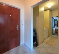 Entrance hallway in a 2-room apartment with tiles and storage spaces.
