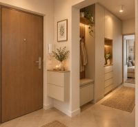 Interior of a 2-room apartment with a wooden decor floor, cozy lighting, and storage spaces.