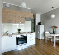 A kitchen in a studio apartment with a wood-patterned floor and a dining area.
