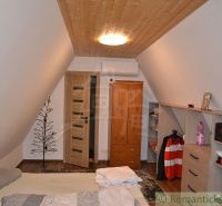 Attic room in a cabin with wooden decor and storage space.