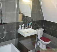 Bathroom in the cabin with a sink, shower, and toilet, tiles in dark shades.