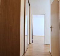 A hallway in a one-room apartment with a wooden decor floor and a built-in wardrobe.