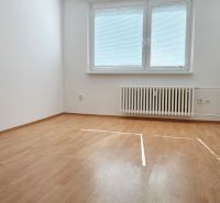 Empty room with wood-patterned flooring, radiator, and window with blinds.