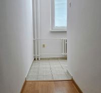 A narrow corridor with white walls, a window, and a floor with a wooden decor.