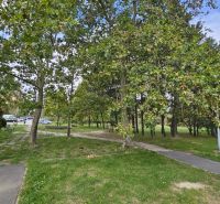 Park greenery and sidewalks in Bratislava - Dúbravka, Saratovská, with benches among the trees.