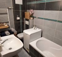 Bathroom in a 2-room apartment with a bathtub, washing machine, sink, and toilet.