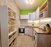 A kitchen in a 2-room apartment with shelves, appliances, and wooden decor on the countertop.