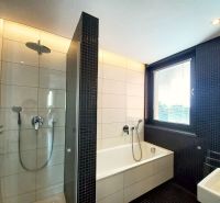 A bathroom in a 4-room apartment with a bathtub, shower, and window.