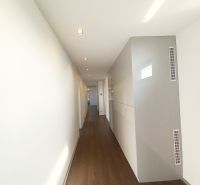 A hallway with built-in wardrobes and a wooden decor floor in a 4-room apartment.