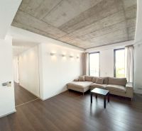 Living room in a 4-room apartment with a sofa, coffee table, and floor with a wooden decor.