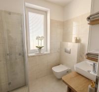 A bathroom in a family house with soft beige tiles, an elegant sink, and a shower enclosure.