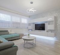 Living room in a 4-room apartment with a wooden decor floor and a comfortable sofa.