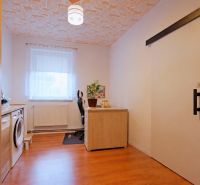 Home office and laundry room in a 4-room apartment with wood-patterned flooring.