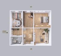 Floor plan of a 4-room apartment with wooden decor flooring and a children's room.
