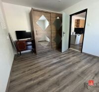 A room in a 4-room apartment with a wooden decor floor and a built-in wardrobe.