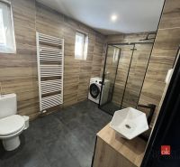 Bathroom in a 4-room apartment with a sink, shower, and washing machine, floor with wooden decor.