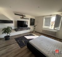 A room in a 4-room apartment with a wooden decor floor and a television.