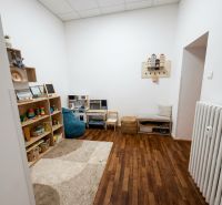 Offices with wood-patterned flooring and a children's corner full of toys.