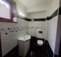 A bathroom in a family house with a sink, toilet, and black and white tiles.