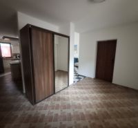 The hallway of a family house with a wooden decor floor and a mirrored wardrobe.