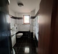 A bathroom with black tiles, a shower enclosure, and a toilet in a family house.