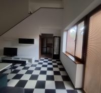 Living room in a family house with black and white flooring and large windows.