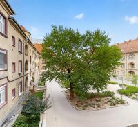 Apartment buildings in Nitra with an inner courtyard and greenery.