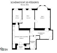 Floor plan of a 3-room apartment in Nitra showing the rooms, including the balcony.
