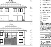 Architectural plan of a two-story house with detailed views and technical specifications.