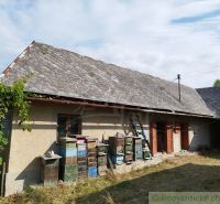 A simple cottage in Hrušov with beehives, vineyards, and an older roof.