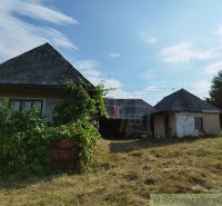 Cottages in Hrušov on a plot overgrown with grass, surrounded by greenery under a blue sky.