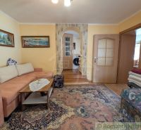Living room in a family house with a carpet, sofa, and paintings on the wall.