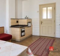 A kitchen in a family house with a traditional stove and a wooden decor floor.