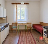 A kitchen with a stylish stove, simple furniture, and a wooden decor floor in a family house.