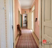 A hallway with patterned wallpaper and carpet in a family house.