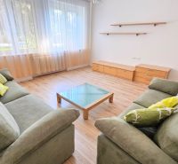 Living room in a two-room apartment with two sofas and a wooden decor floor.