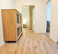 A hallway with a wooden decor floor in a 2-room apartment, complemented by a display cabinet.
