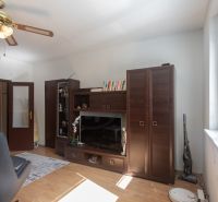 Living room with wooden furniture, wood-patterned flooring, and a ceiling fan.