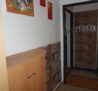 Interior of a 2-room apartment with decorative paintings on the wall and tiles on the floor.