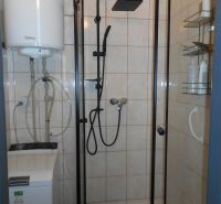 Bathroom in a 2-room apartment with a glass shower enclosure and a washing machine.
