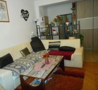 Living room with a sofa, coffee table, and wooden decor flooring in a two-room apartment.