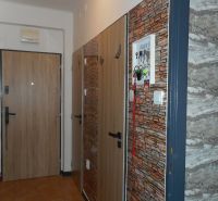 Entrance hallway in a 2-room apartment with tiles and imitation brick wall.