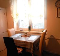 Kitchen in a 2-room apartment with a dining table, chairs, and a refrigerator.