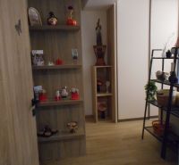 Interior of a 2-room apartment with a wooden decor floor and wooden shelves.