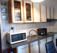 Kitchen in a 2-room apartment with a kitchen unit, stove, and microwave oven.