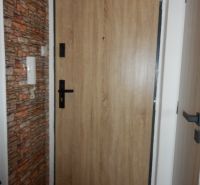 Entrance door with wood decor and stone cladding in a 2-room apartment.
