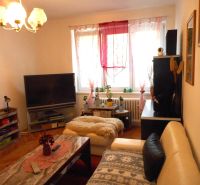 Living room with a television and wood-patterned flooring in a two-room apartment.