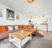 Living room with a sofa, kitchen, and wooden decor flooring in a family house.