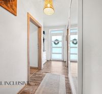 A hallway with a wooden decor floor and large mirrors in a family house.