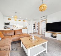 Living room in a family house with a leather sofa, television, and fully equipped kitchen.